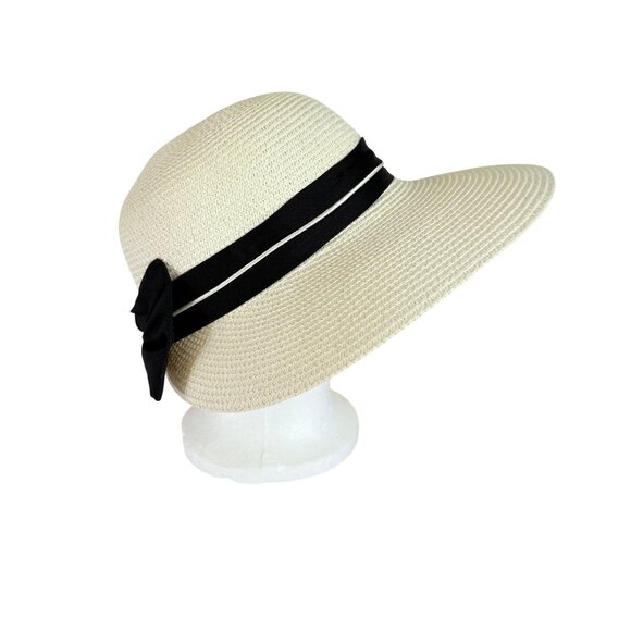 Royal Beige Straw Sun Hat Ponytail Notch Black Bow Beach Cruise Life Fashion - Picture 4 of 11